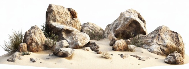 Desert rocks and sand dune isolated on white.