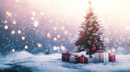 Obraz premium Snowy Christmas scene with tree and gifts.
