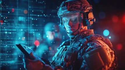 Soldier using advanced technology in the night.