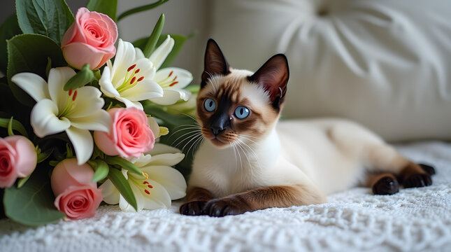 Siamese Cat with Bright Blue Eyes Lying Next to a Bouquet of Roses and Lilies  - Un gato siam&eacute;s hermoso est&aacute; acostado y posando junto a un ramo de flores hermosas en el soft.