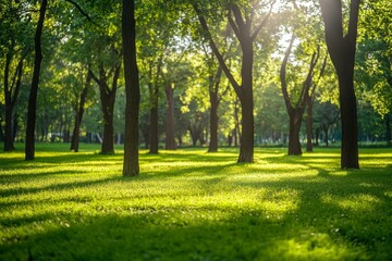 Naklejka premium Sunlit park with lush green grass and trees.