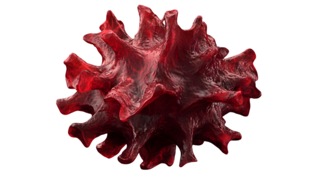 3D red virus featuring a textured surface and distinct projections, representing a detailed microscopic pathogen. Isolated on transparent background