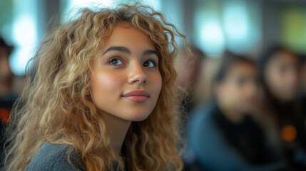 Obraz premium A group of international students attending a lecture, diverse faces engaged as they listen attentively to the teacher, modern classroom with large windows and bright lighting 