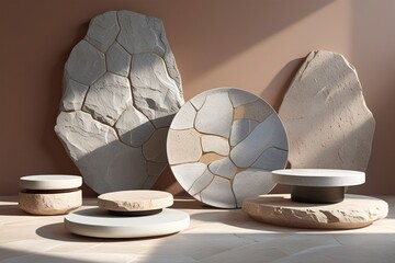 High-quality ceramic stone tiles with a matte finish, natural stone patterns, seamless texture, arranged in a grid layout, muted earthy tones, photorealistic rendering, and soft ambient lighting