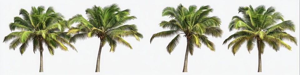 Fototapeta premium Four tropical palm trees isolated on a white background, perfect for summer banners, tropical designs, and travel illustrations.