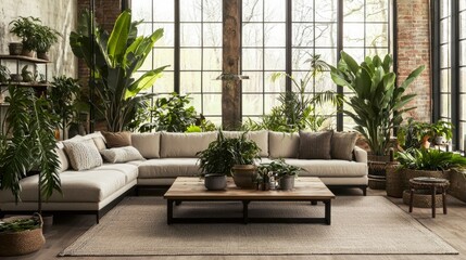 Lush indoor plant decor urban living room home design inspiration natural light cozy atmosphere greenery concept