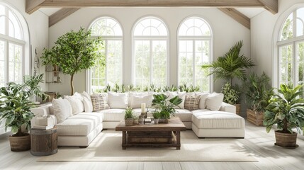 Inviting indoor living room design with lush plants bright natural light modern aesthetics relaxed ambiance