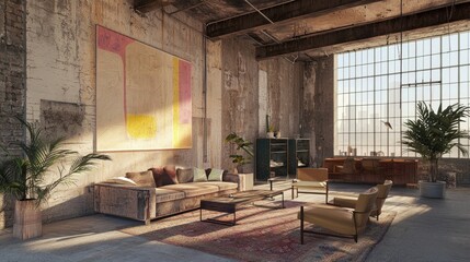 Contemporary living room interior design urban loft digital artwork bright atmosphere wide angle modern aesthetics