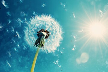 Dandelion seeds dancing in the breeze under a bright blue sky, capturing the essence of springtime joy and new beginnings