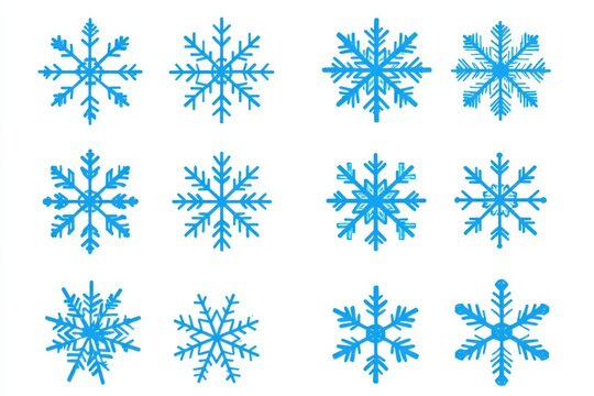 Blue snowflake illustrations in various geometric patterns on a white background

