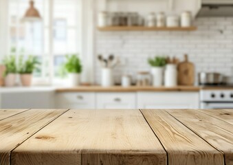 Empty wooden table in front of blurred bright kitchen.