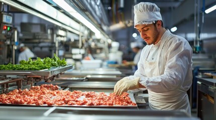 A worker in a factory wearing safety gear, with a focus on ethical labor practices and a safe, fair working environment."