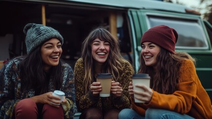 Multiracial women friends having fun camping with camper van while drinking coffee outdoor - Focus on caucasian female face
