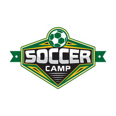 Soccer vector sport camp badge with ball in green color isolated on a white background.