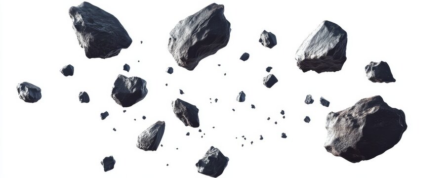 Isolated dark grey rocks and stones falling in white background.