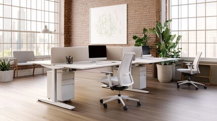 Modern office workspace design bright urban location interior photography professional environment wide angle view minimalist concept