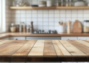 Empty wooden table in front of blurred kitchen. (4)