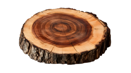 Round wooden tree slice with bark texture and visible growth rings, showcasing natural wood grain for rustic decor. Isolated on transparent background