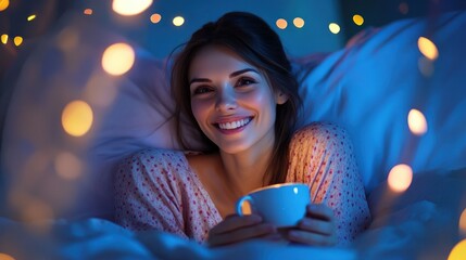 people, bedtime and rest concept - happy smiling woman in pajamas with coffee sitting in bed at night