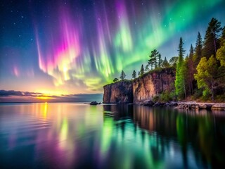 Fototapeta premium Vintage Northern Lights Reflection on Lake Superior, Minnesota North Shore