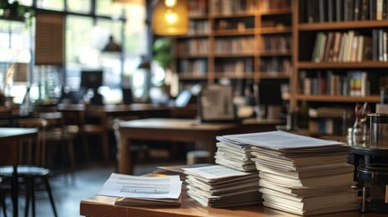 Stack of blank paper in a library setting.