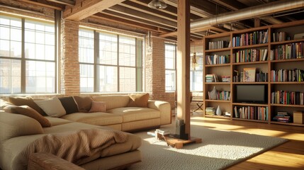 Cozy living room interior design urban apartment digital rendering bright natural light modern aesthetic