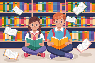 Schoolchildren are sitting against the backdrop of humiliating shelves and around them are books that have been read and books that he will read, that she has read and is going to read. 