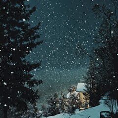 Winter Wonderland Cabin Snowfall Night Scene