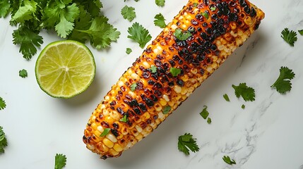 Grilled corn on the cob with herbs and lime is styled Mexican elote style on a white marble countertop, featuring charred kernels and fresh cilantro under soft lighting for a gourmet presentation.