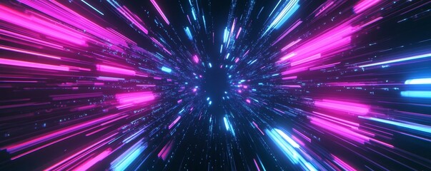 Abstract neon light streaks converge at center, creating a futuristic tunnel effect.