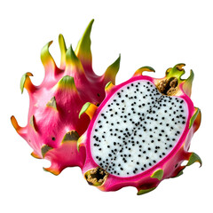 Fototapeta premium Pink dragon fruit with black dots on white flesh