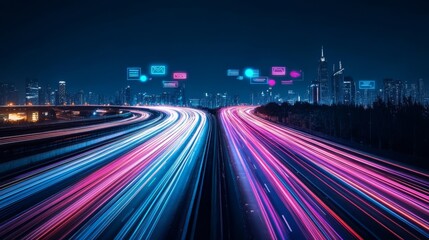 Fototapeta premium A stunning neon-lit expressway leading into a futuristic city. The glowing pink and blue lights contrast with the night sky, while floating digital icons emphasize the theme of high-speed data flow