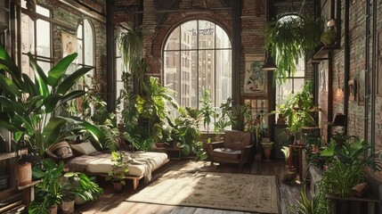 Fototapeta premium Lush indoor plant oasis cozy apartment interior design inspiration urban environment natural light relaxation concept