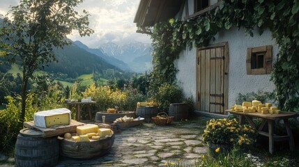 Selection of cheeses in garden in Oberstaufen, Allgau, Bavaria, Germany