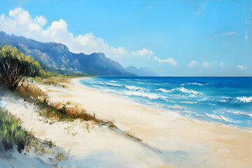A serene beach scene with gentle waves, mountains, and a clear blue sky.
