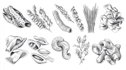Sketch pasta. Hand drawn italian menu, authentic restaurant food types. Isolated sketch penne fusilli fettuccine, dish ingredient vector set