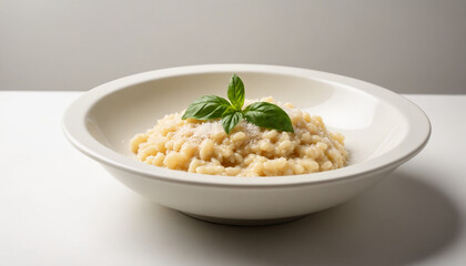 Creamy Risotto in a minimalist style in white colors with copy space