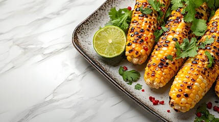 Grilled corn on the cob with herbs and lime is styled Mexican elote style on a white marble countertop, featuring charred kernels and fresh cilantro under soft lighting for a gourmet presentation.