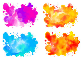 Set of multicolored watercolor stains, paint drips, ink, isolated on white background