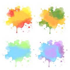 Set of multicolored watercolor stains, paint drips, ink, isolated on white background