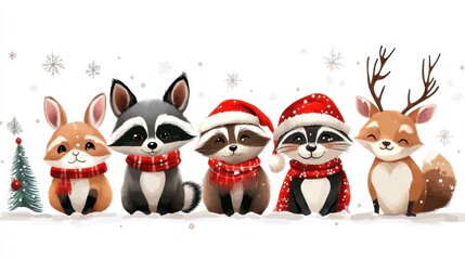 Winter animal characters. Style holiday animals, cute christmas raccoon rabbit fox deer. Woodland funny greeting friends vector illustration
