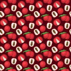 Lychee fruit flat seamless pattern on red background. Wrapping paper, gift card, poster, banner design. Home decor, modern textile print. Summer bright geometric fruits patterned.
