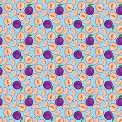 Plum fruit flat seamless pattern on blue background. Wrapping paper, gift card, poster, banner design. Home decor, modern textile print. Summer bright geometric fruits patterned.