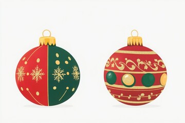 Christmas ornaments in red and green with intricate gold patterns, featuring festive designs of snowflakes and swirls, isolated on a white background.