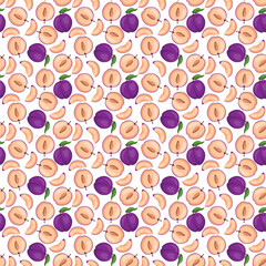 Plum fruit flat seamless pattern on white background. Wrapping paper, gift card, poster, banner design. Home decor, modern textile print. Summer bright geometric fruits patterned.