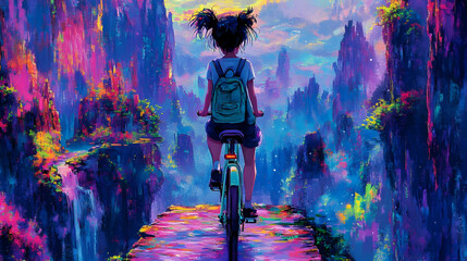 Obraz premium Vibrant Landscape Illustration Girl Cycling