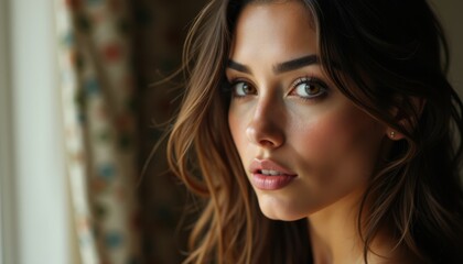 Naklejka premium A woman with long brown hair looking out a window
