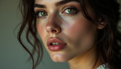  A close up of a woman's face with green eyes