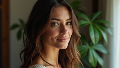 Fototapeta premium A woman with long brown hair looking out a window