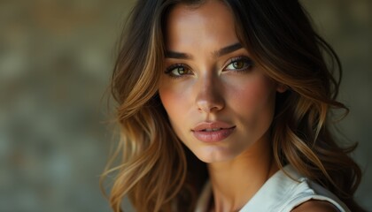 Obraz premium A woman with long brown hair and a white shirt